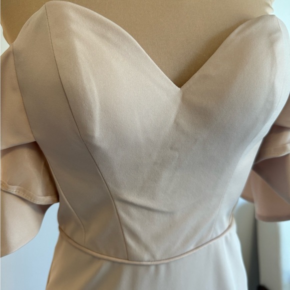 Kleinfeld off shoulder formal dress in dusty beige, neutral color - Picture 9 of 14